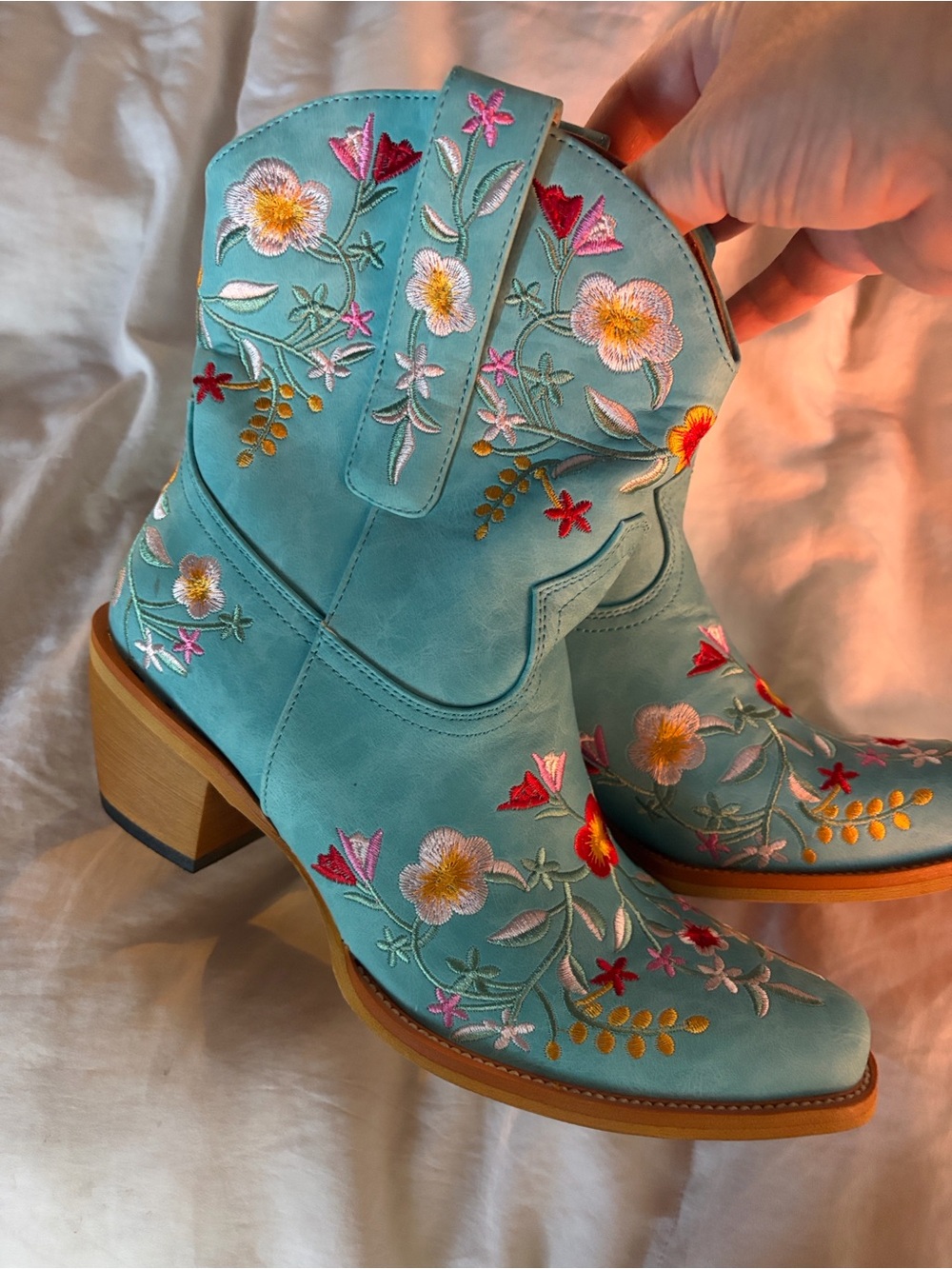 Turquoise Floral Embroidered Western Heeled Boots - Women - Picture 3 of 7